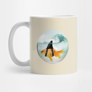 Goldfish with a Shark Fin Riding a Wave Mug